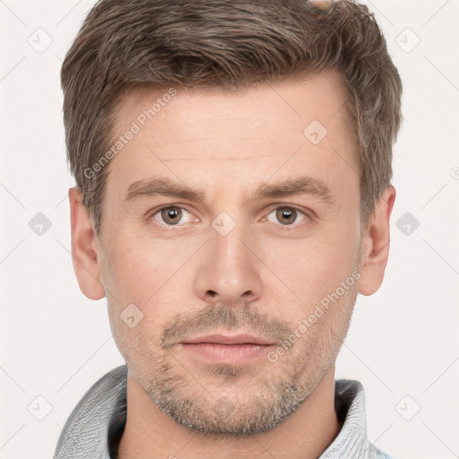 Neutral white adult male with short  brown hair and brown eyes