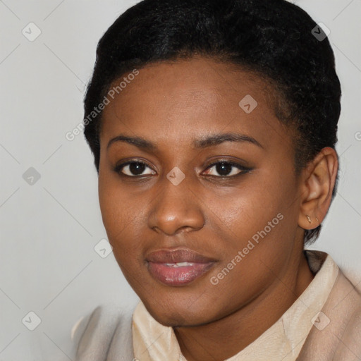 Joyful black young-adult female with short  black hair and brown eyes