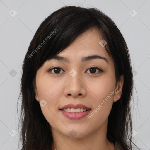 Joyful white young-adult female with long  brown hair and brown eyes