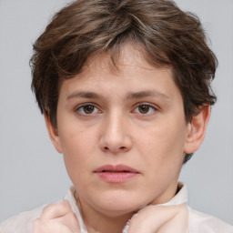 Neutral white young-adult female with short  brown hair and brown eyes