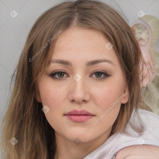 Neutral white young-adult female with medium  brown hair and brown eyes