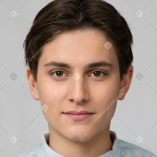 Neutral white young-adult male with short  brown hair and brown eyes