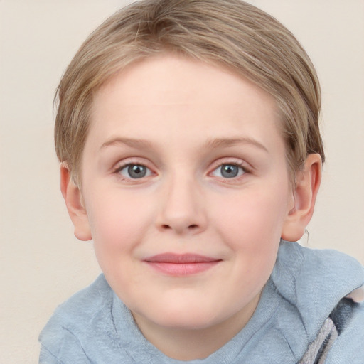 Joyful white child female with medium  brown hair and blue eyes