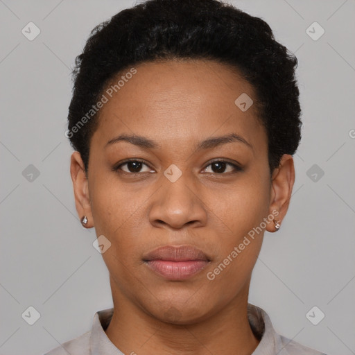 Joyful latino young-adult female with short  black hair and brown eyes