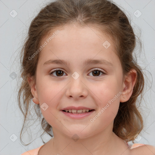 Joyful white child female with medium  brown hair and brown eyes