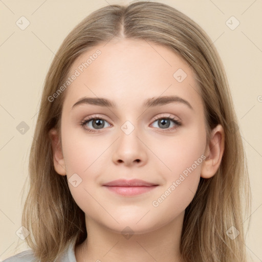 Neutral white young-adult female with long  brown hair and grey eyes