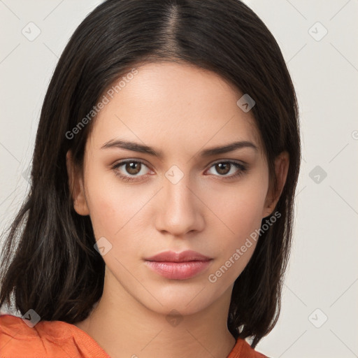 Neutral white young-adult female with medium  brown hair and brown eyes