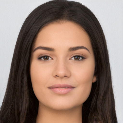 Neutral asian young-adult female with long  brown hair and brown eyes