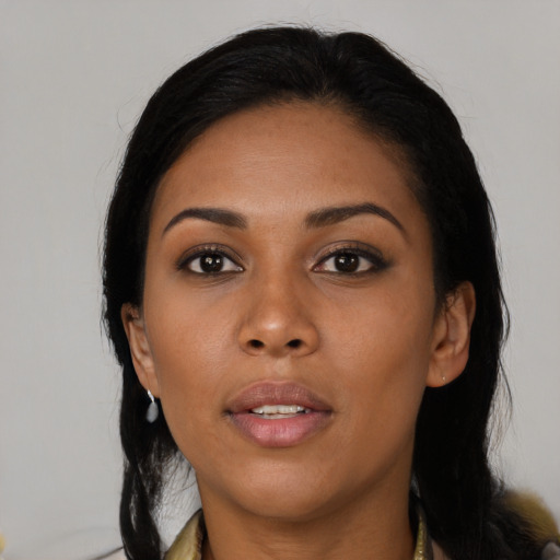 Neutral black young-adult female with long  black hair and brown eyes
