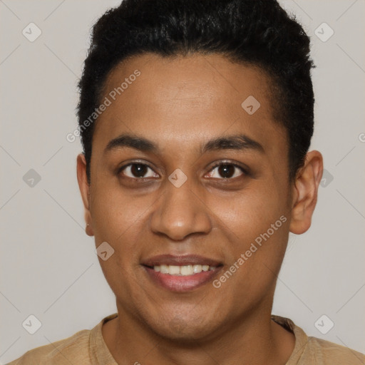 Joyful black young-adult male with short  black hair and brown eyes