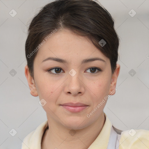 Neutral white young-adult female with short  brown hair and brown eyes