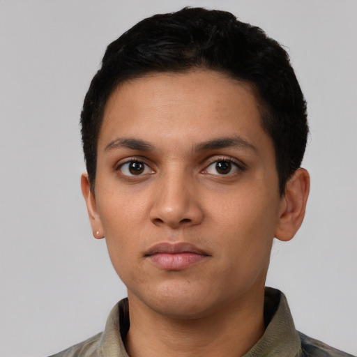 Neutral latino young-adult female with short  black hair and brown eyes