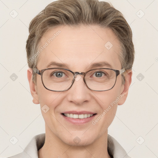 Joyful white adult female with short  brown hair and grey eyes