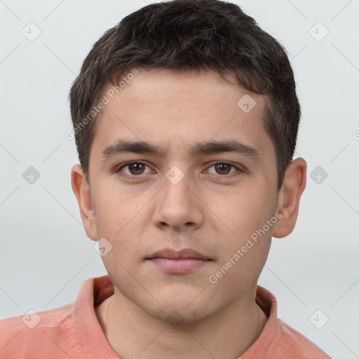 Neutral white young-adult male with short  brown hair and brown eyes