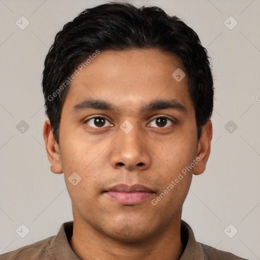 Neutral asian young-adult male with short  black hair and brown eyes