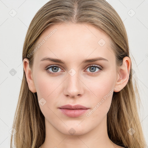 Neutral white young-adult female with long  brown hair and grey eyes