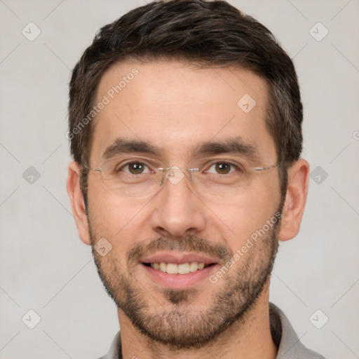 Joyful white young-adult male with short  black hair and brown eyes