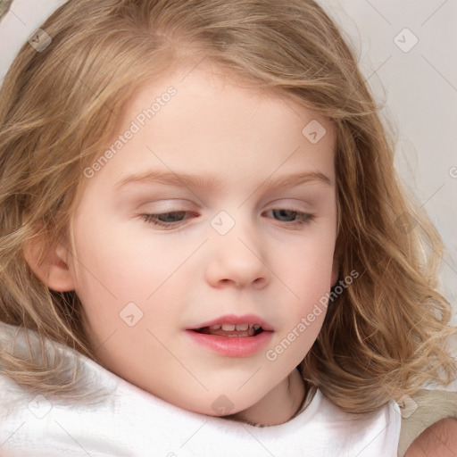 Neutral white child female with medium  brown hair and blue eyes