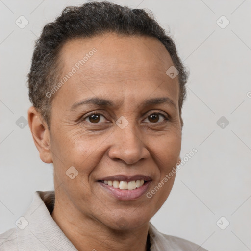 Joyful white adult female with short  brown hair and brown eyes