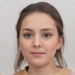 Neutral white young-adult female with medium  brown hair and brown eyes