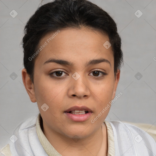 Neutral white young-adult female with short  brown hair and brown eyes