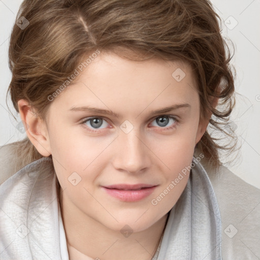 Joyful white child female with medium  brown hair and brown eyes