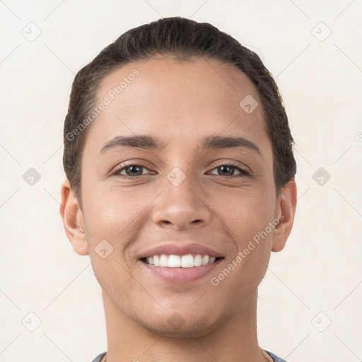 Joyful white young-adult female with short  brown hair and brown eyes