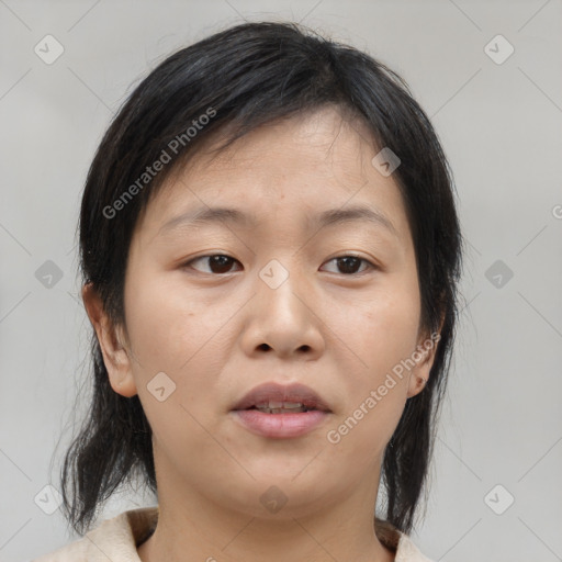 Neutral asian young-adult female with medium  brown hair and brown eyes