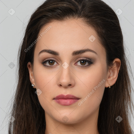 Neutral white young-adult female with long  brown hair and brown eyes