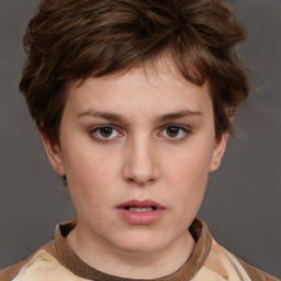 Neutral white young-adult female with short  brown hair and brown eyes