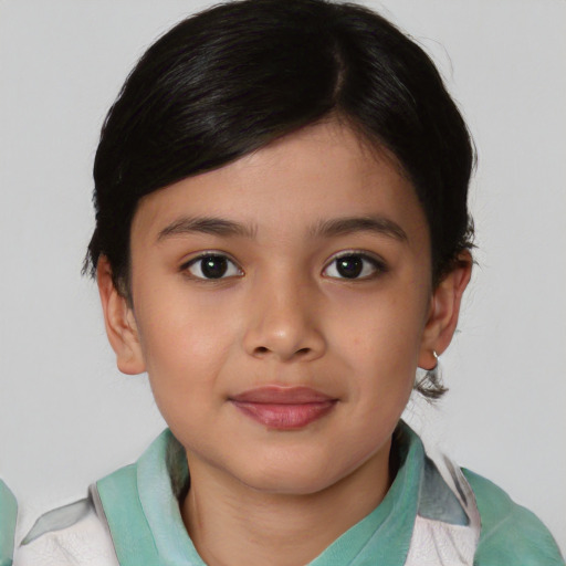 Joyful asian child female with medium  brown hair and brown eyes