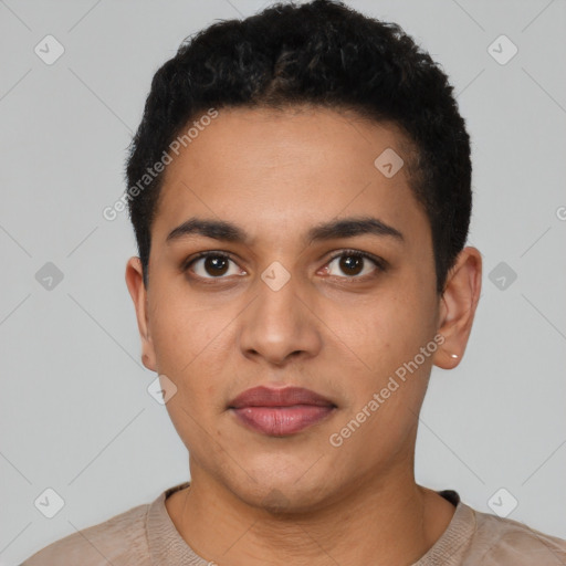 Neutral latino young-adult male with short  black hair and brown eyes