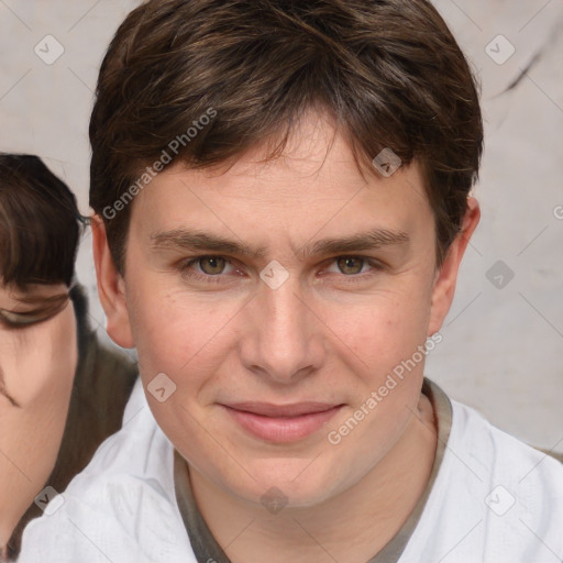 Joyful white young-adult male with medium  brown hair and brown eyes