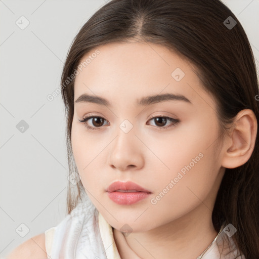 Neutral white young-adult female with long  brown hair and brown eyes