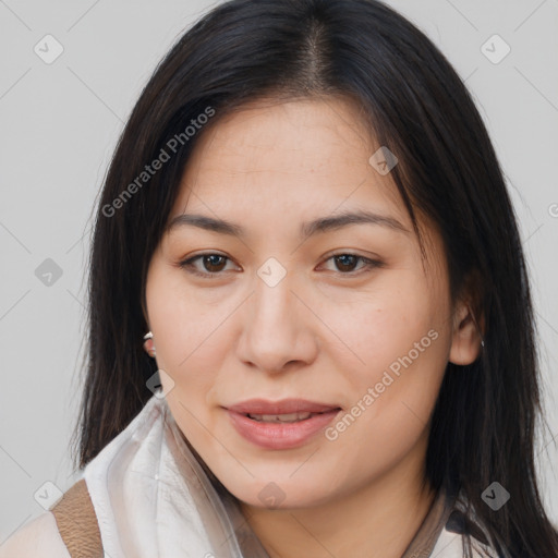 Joyful latino young-adult female with medium  brown hair and brown eyes