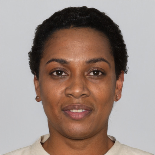 Neutral black young-adult female with short  black hair and brown eyes