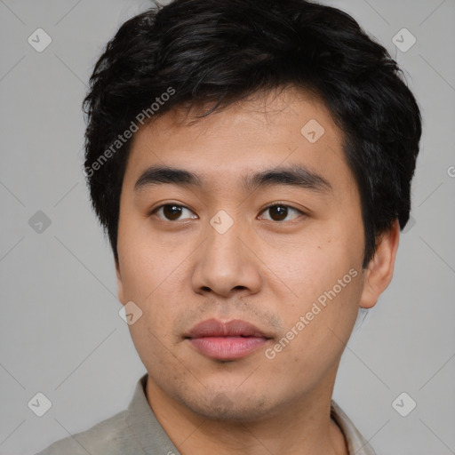 Joyful asian young-adult male with short  black hair and brown eyes