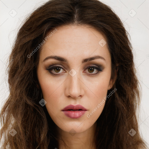 Neutral white young-adult female with long  brown hair and brown eyes