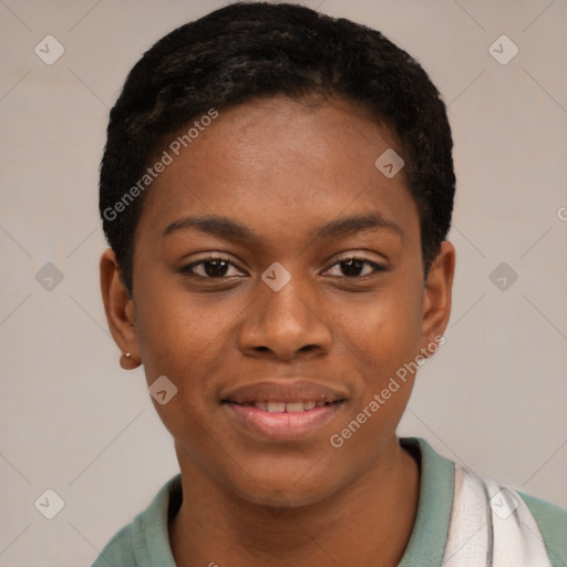 Joyful latino young-adult female with short  black hair and brown eyes