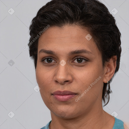 Joyful white young-adult female with short  brown hair and brown eyes