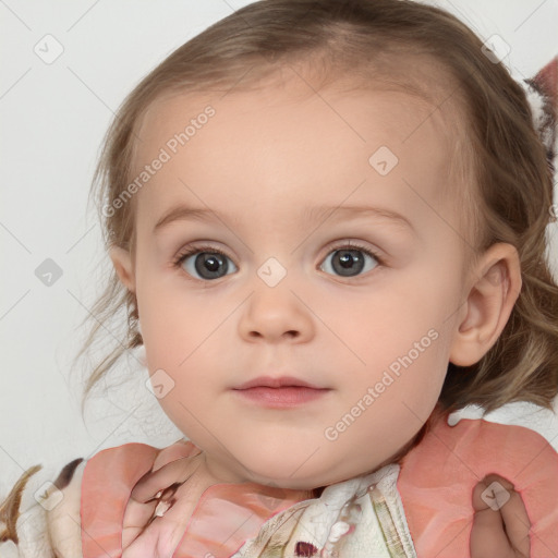 Neutral white child female with medium  brown hair and blue eyes