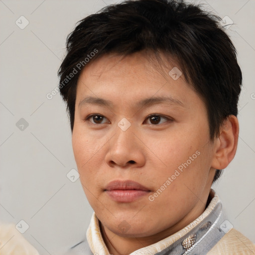 Neutral white young-adult female with short  brown hair and brown eyes