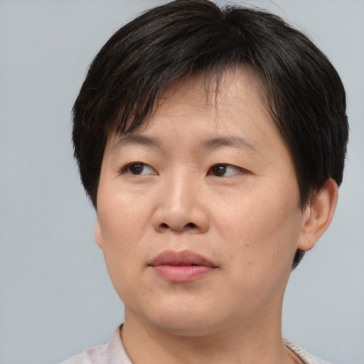 Joyful asian adult female with short  brown hair and brown eyes