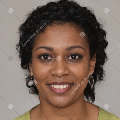 Joyful black young-adult female with medium  black hair and brown eyes