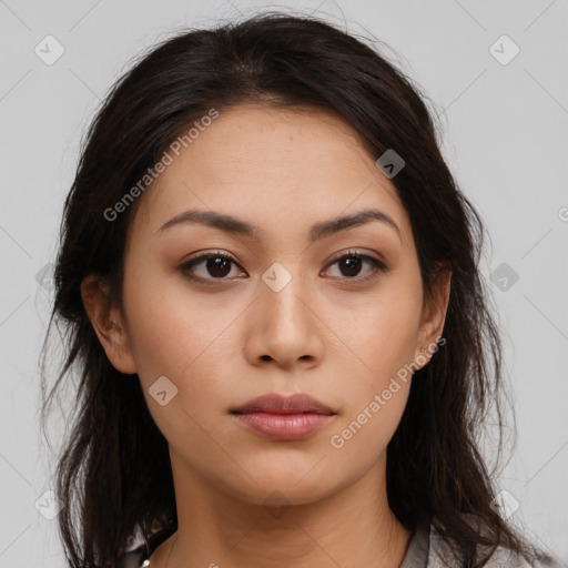 Neutral white young-adult female with medium  brown hair and brown eyes