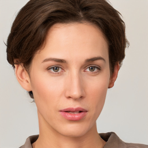 Neutral white young-adult female with short  brown hair and brown eyes