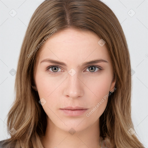 Neutral white young-adult female with long  brown hair and brown eyes