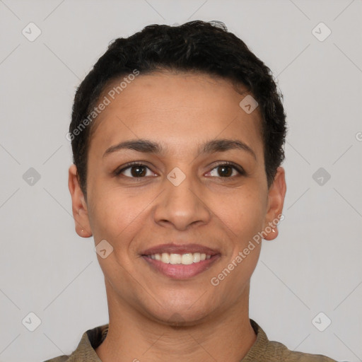 Joyful latino young-adult female with short  brown hair and brown eyes