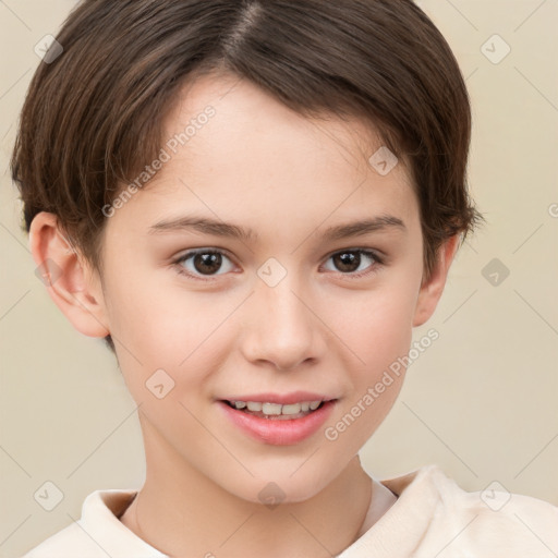 Joyful white child female with short  brown hair and brown eyes