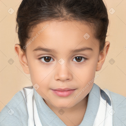 Joyful white child female with short  brown hair and brown eyes